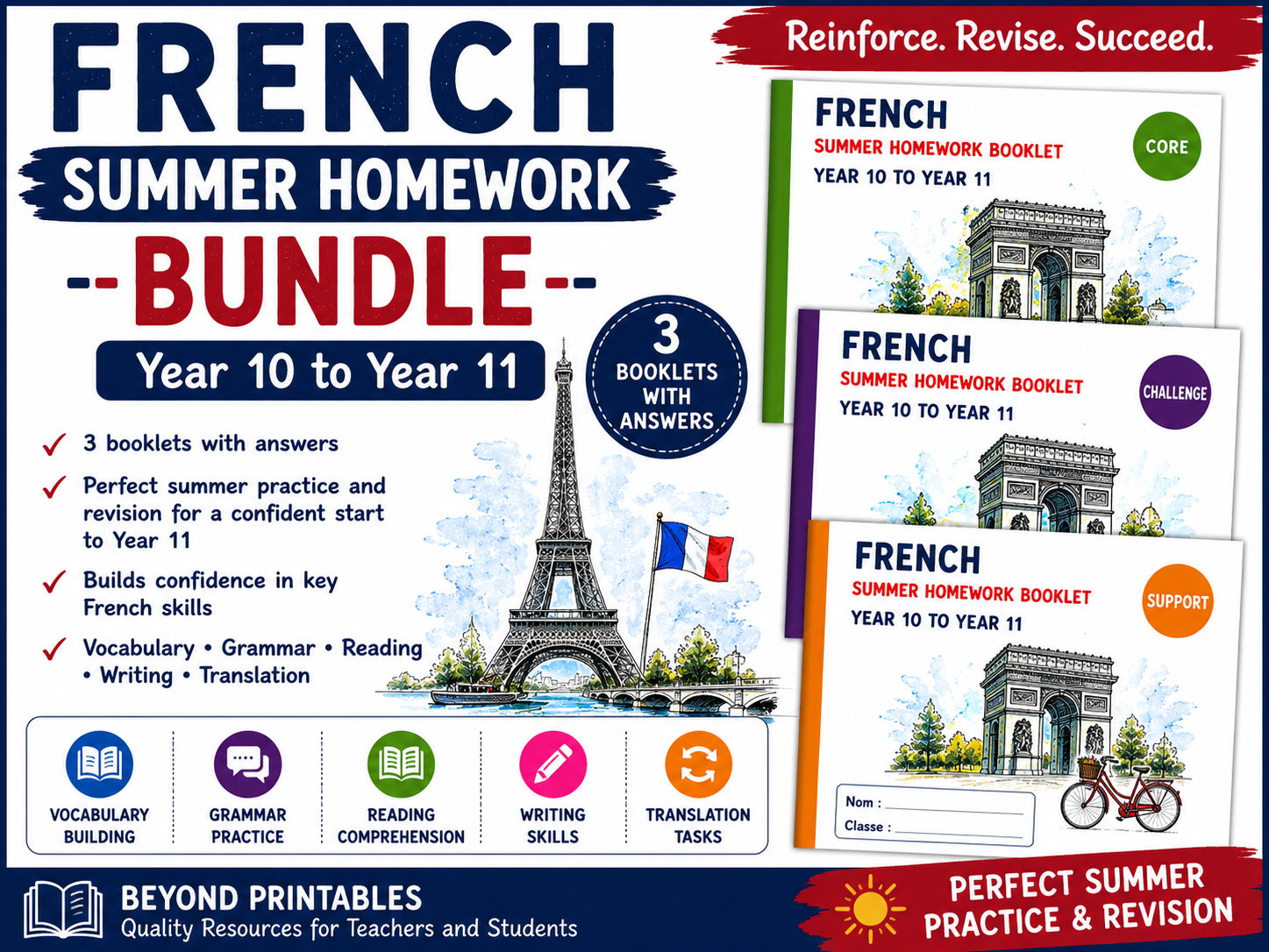 French Summer Homework Year 10 to Year 11 Complete Bundle | Support, Core & Challenge | With Answers