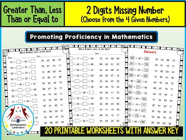 Greater Than, Less Than – Two-Digit Missing Number (Choose from 4 Given Numbers) Worksheets Practice
