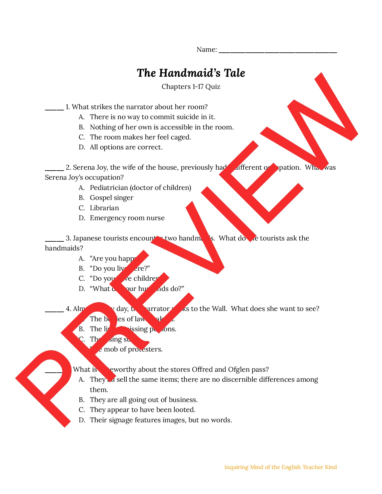 The Handmaid's Tale Quiz on Chapters 117 Teaching Resources