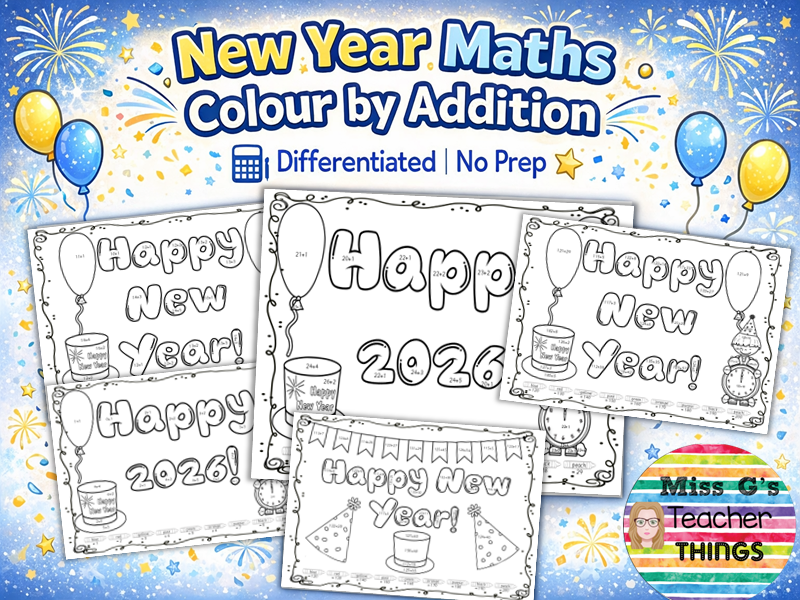 Happy New Year 2026 Colour by addition Maths differentiated for all age groups