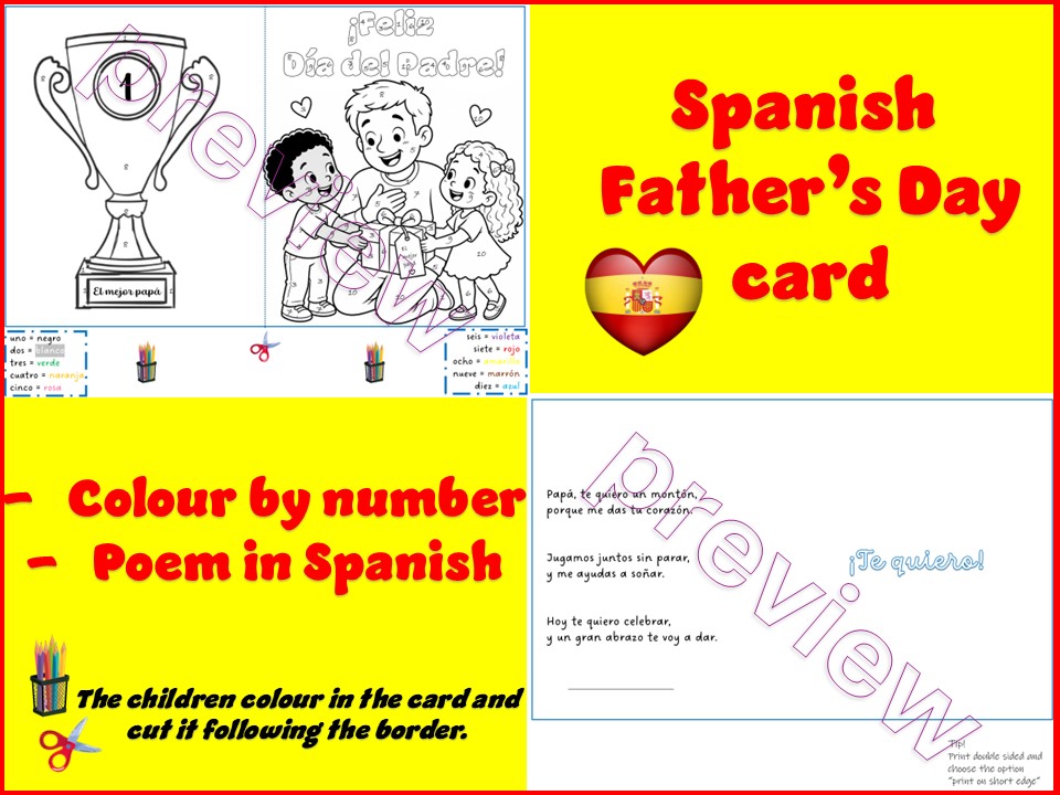 El Día de Padre | Spanish Father's Day card | Colour by number