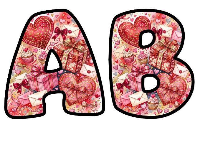 Valentines Gifts Bubble Letters | Seasonal Bulletin Board Letters | Printable Alphabet A-Z and 0-9