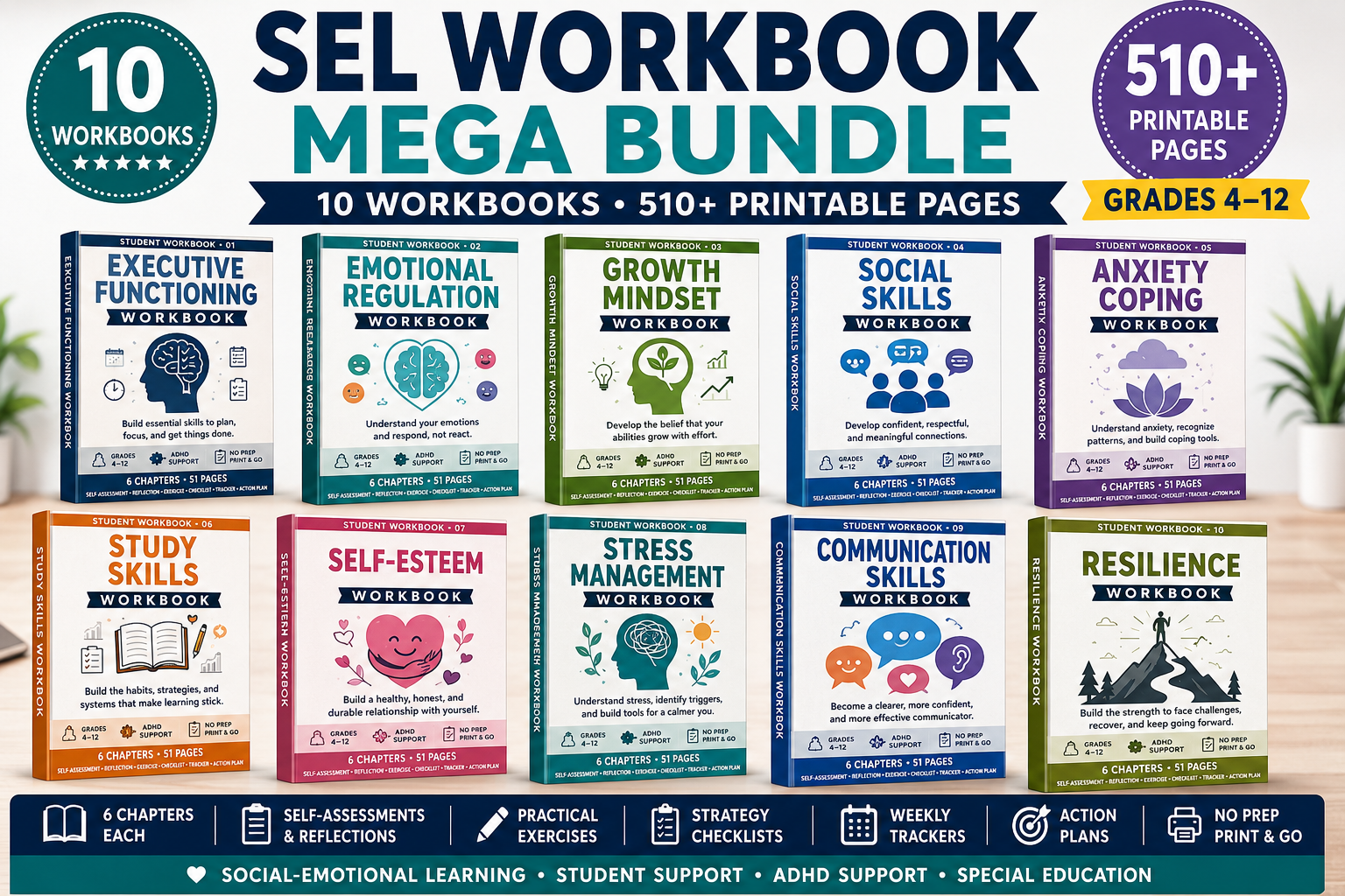 SEL Workbook Bundle for Students | Wellbeing, Study Skills & Executive Functioning