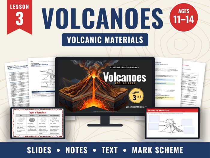 Volcanoes KS3 – Lesson 3: Volcanic Materials | Slides, Notes, Text, Mark Scheme