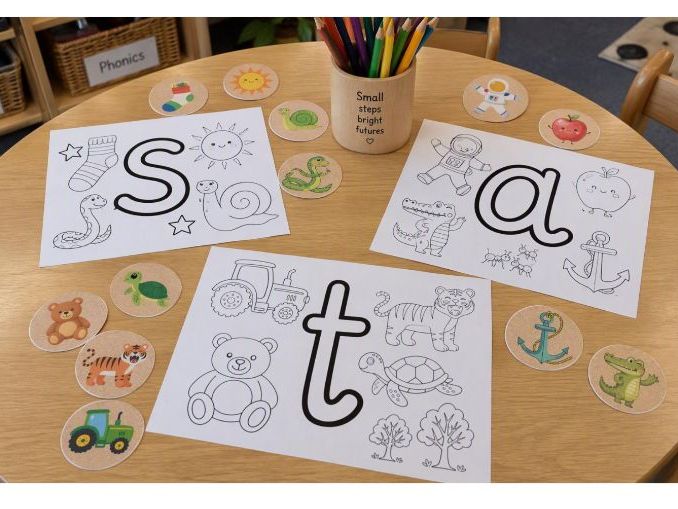 SATPIN Initial Sounds Colouring Sheets & Picture Prompts | Phase 2 Phonics EYFS