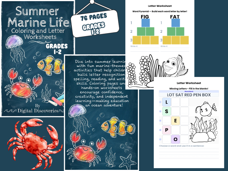 Summer Marine Life Coloring and Letter Worksheets | Grades 1–2 Literacy and Phonics Activities