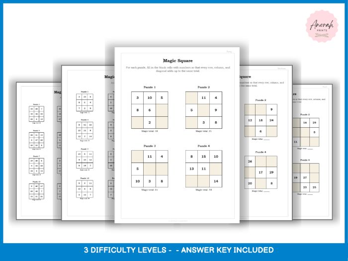Magic Square Number Puzzles – Easy/Medium/Hard Bundle with Answers