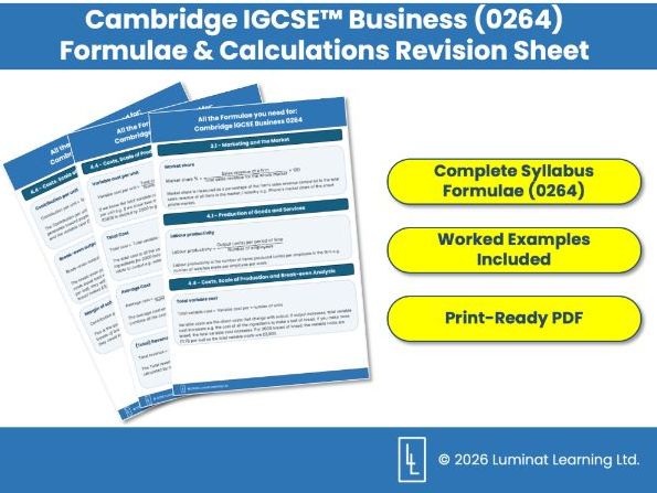 Cambridge IGCSE Business (0264) Formulae & Calculations Revision Sheet