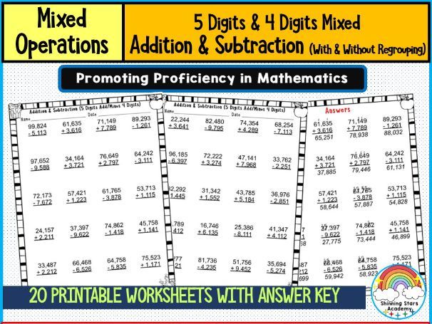 5-Digit & 4-Digit Mixed Addition & Subtraction (With & Without Regrouping) Worksheets | Multi-Digit