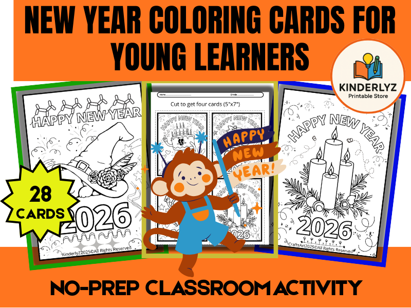New Year Coloring Cards for Young Learners