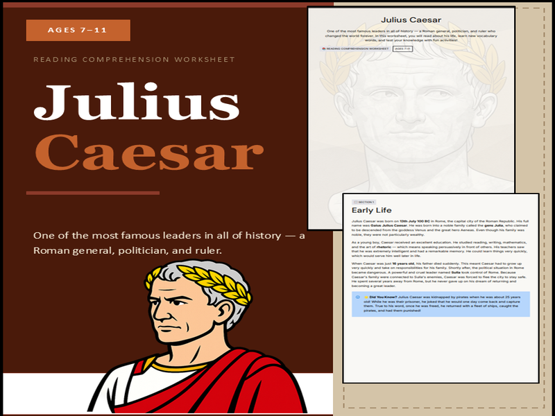 Julius Caesar KS2 Worksheet | Reading Comprehension, Timeline & Quiz