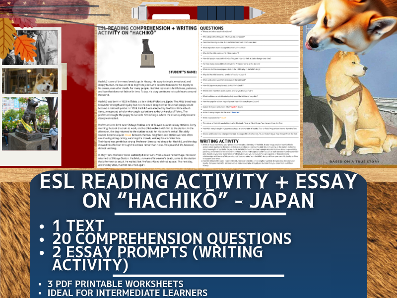 ESL Reading Comprehension + Writing Activity Worksheets on Hachikō - Japan