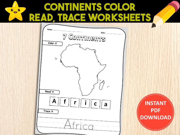 7 Continents Color, Read, Trace Worksheets | Geography Printables