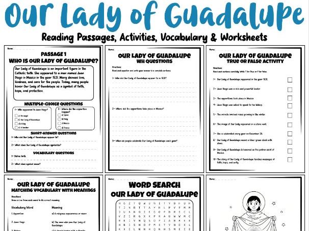 Our Lady of Guadalupe Reading Passages, Activities, Vocabulary & Worksheets