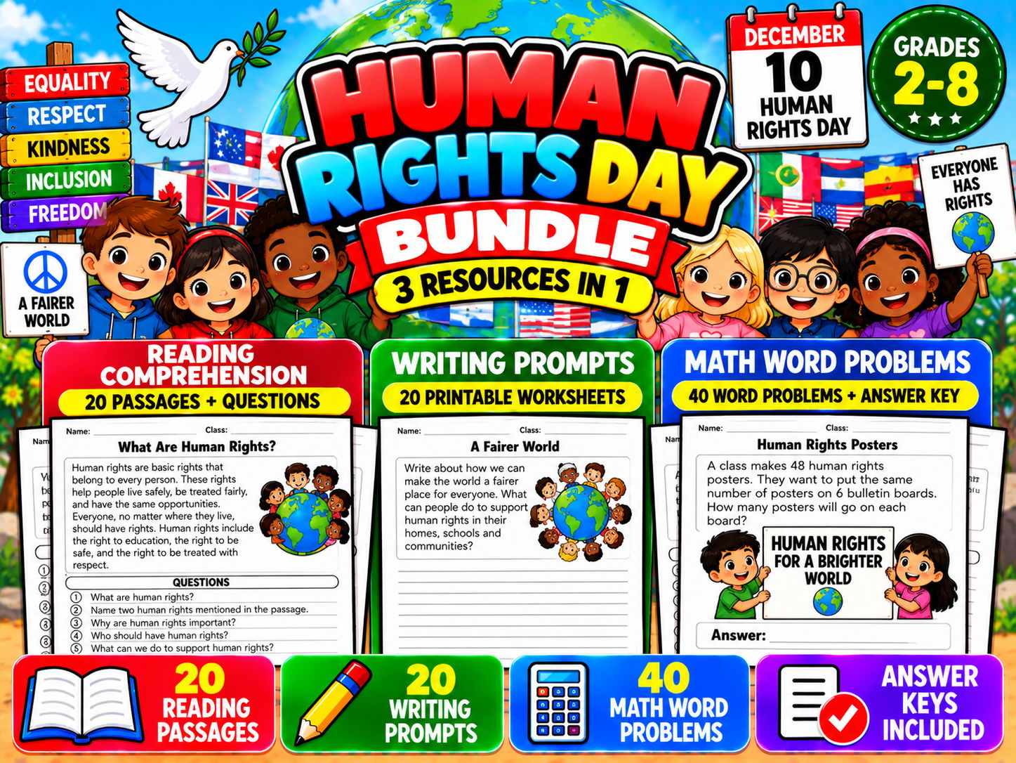 Human Rights Day Activities Bundle | Reading, Writing & Math | Grades 2–8