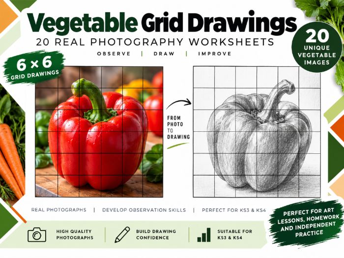 Vegetable Grid Drawing Worksheets | 20 Real Photo 6x6 Drawing Activities | KS3 KS4 Art & Photography
