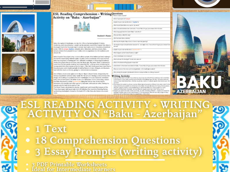 ESL Reading Comprehension + Writing Activity on "Baku" - Azerbaijan - Caucasus