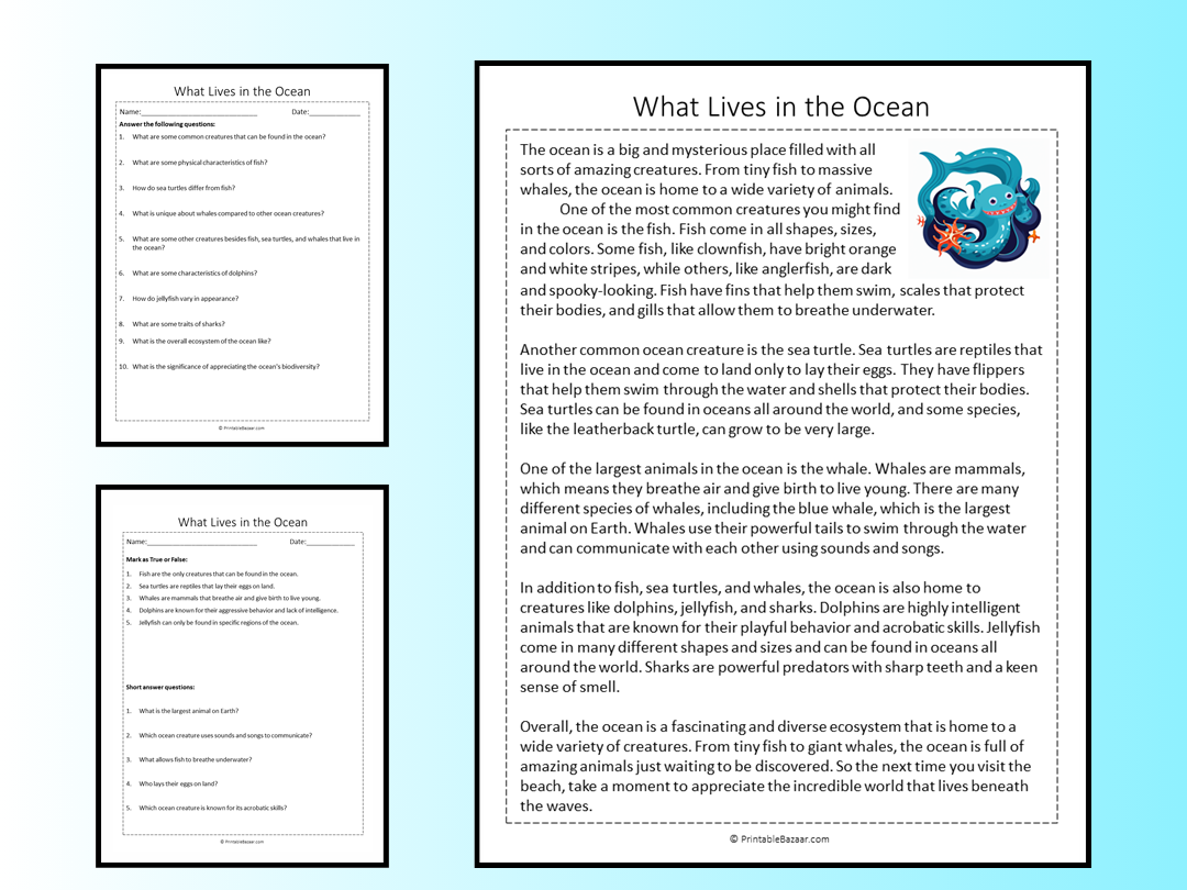 What lives in the ocean reading comprehension passage printable