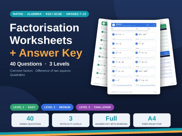Factorising Expressions Worksheet – 3 Levels