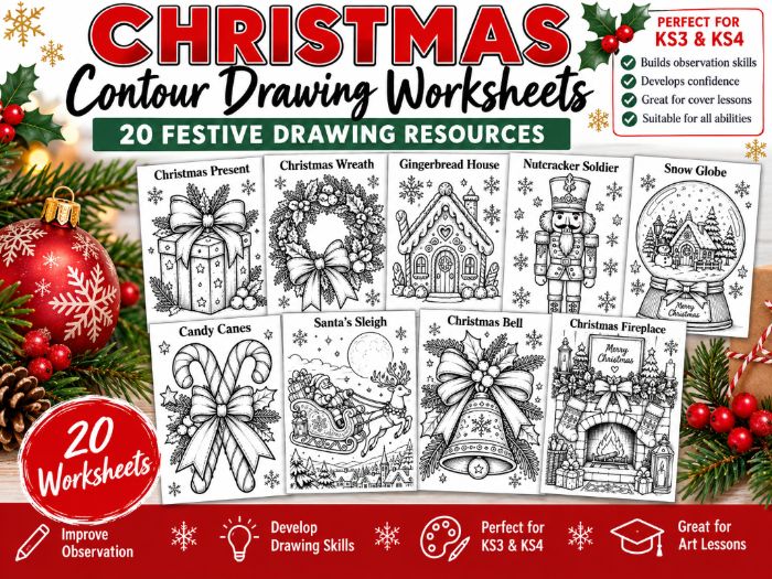 Christmas Contour Drawing Worksheets | 20 Festive Art Activities | KS3 KS4 | Observational Drawing