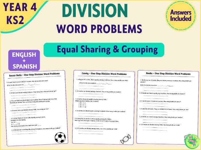 Year 4 Division Word Problems – Equal Sharing Worksheets | English & Spanish