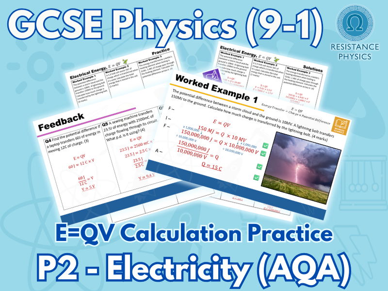 GCSE Physics | E=QV, Energy Transfer Calculations Worksheet | Worked Examples and Answer Slides