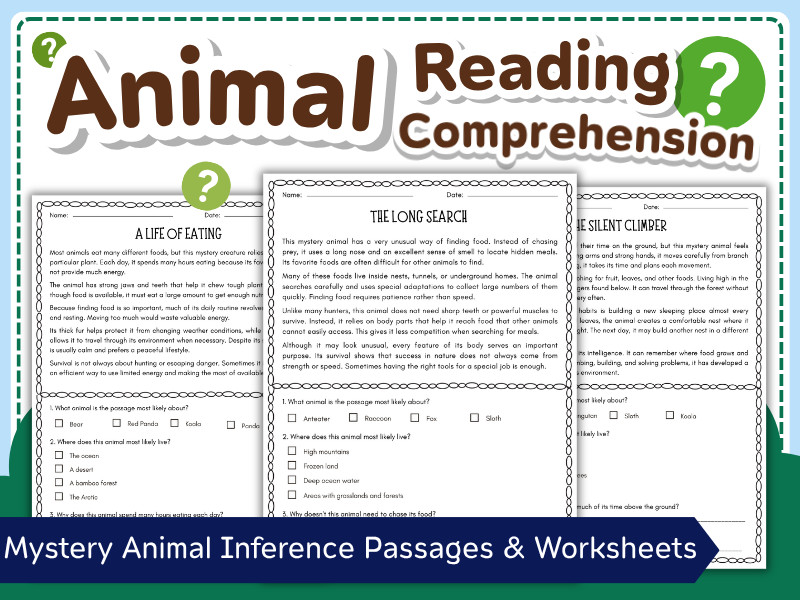 Animal Reading Comprehension | Mystery Animal Inference Passages & Worksheets | Nonfiction