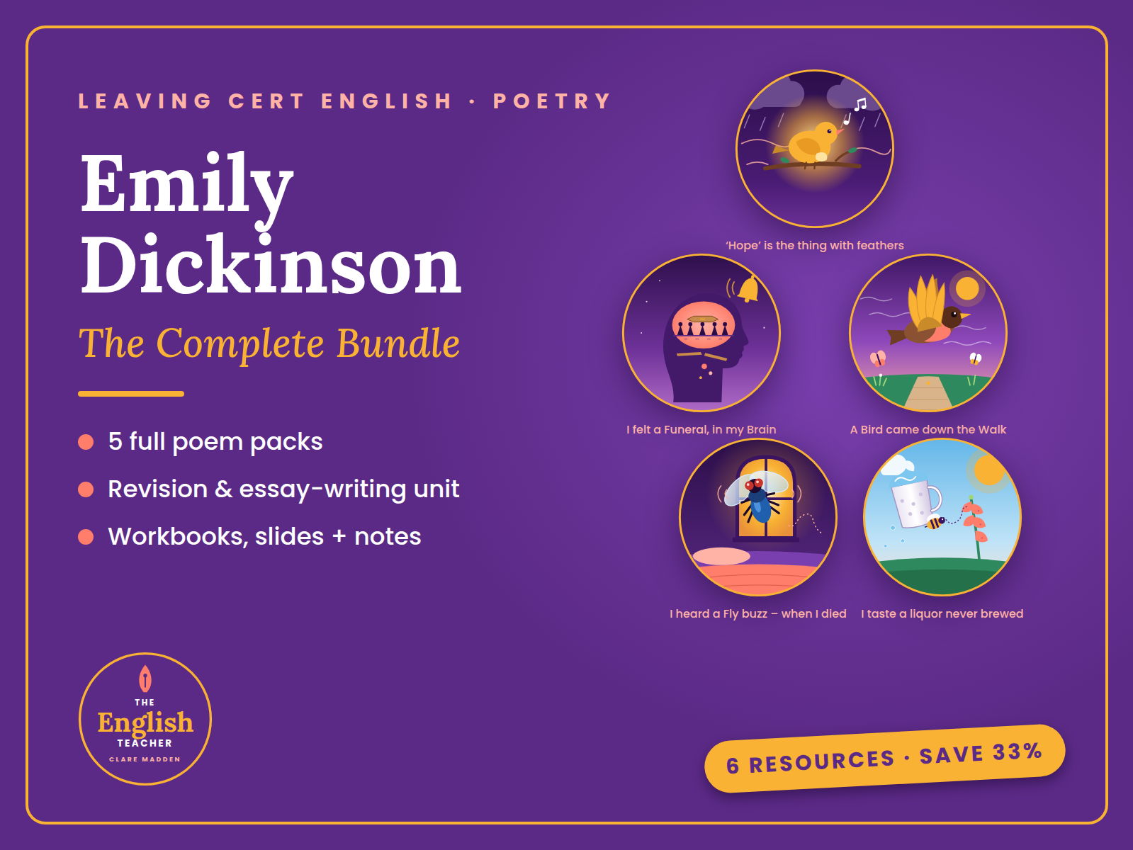Emily Dickinson Bundle | Leaving Cert English Poetry – 5 Poem Packs + Revision & Essay Unit