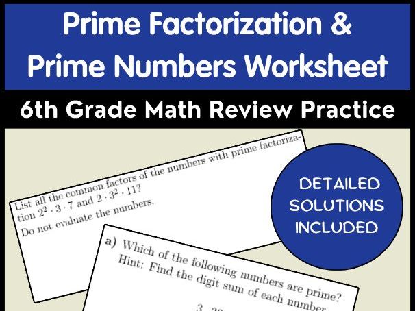 Prime Factorization & Prime Numbers Worksheet | 6th Grade Math Review Practice