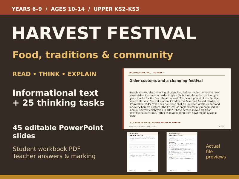 Harvest Festival Reading & Critical Thinking | Years 6–9 | Editable PPT & PDFs