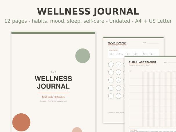 The Wellness Journal | Printable Habit, Mood & Self-Care Tracker for Wellbeing (PDF)