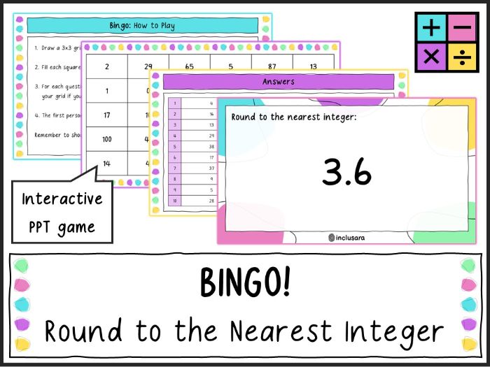 Rounding to the Nearest Whole Number/Integer Bingo Game for KS3 and KS4