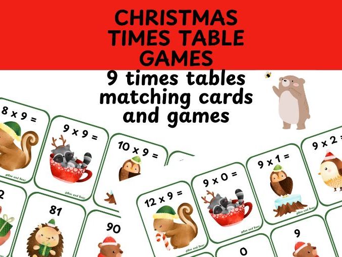 9 times table card games Christmas themed
