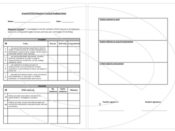 A-Level Physics - Required Practicals 1-12 - Feedback Sheet