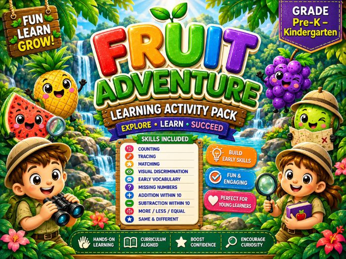 Fruit Adventure Learning Activity Pack | Pre-K Kindergarten Math, Counting & Tracing