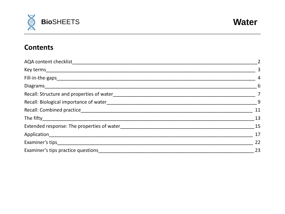 AQA A-Level Biology: 1.7 Water – BioSHEETS Complete Study & Practice Pack