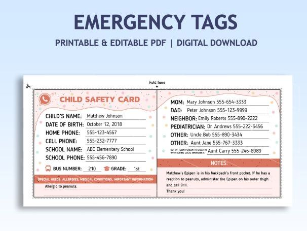 Editable Emergency Contact Card | Backpack Tag | Field Trip ICE Cards