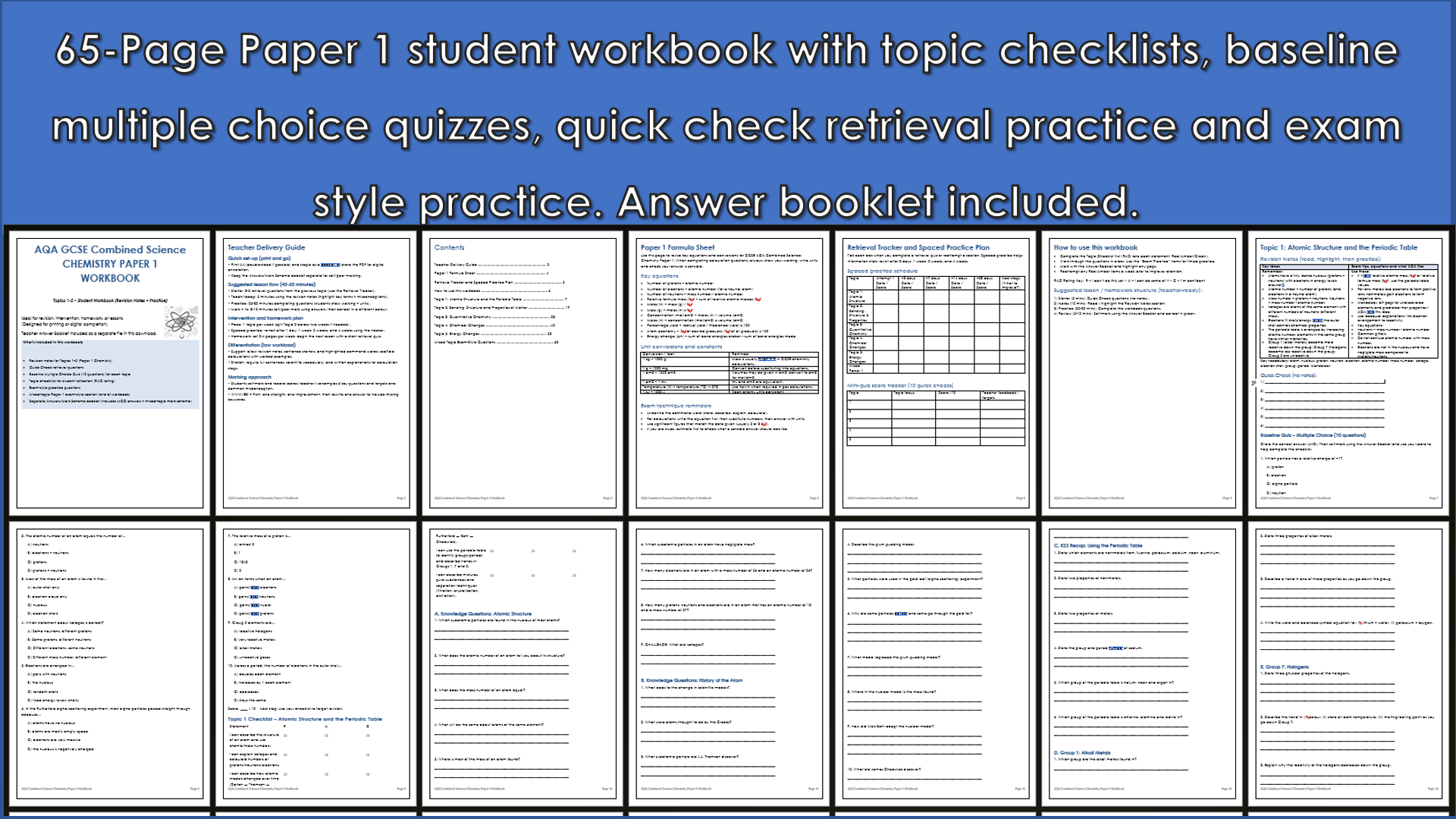 AQA GCSE Chemistry Paper 1 Revision Workbook | Teaching Resources