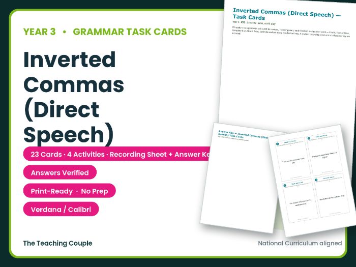 Year 3 Inverted Commas (Direct Speech) Grammar Task Cards + Answer Key