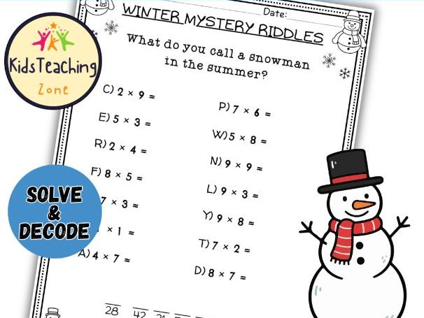 Winter Math Mystery Riddles Single Digit Multiplication Worksheets - Solve and Decode