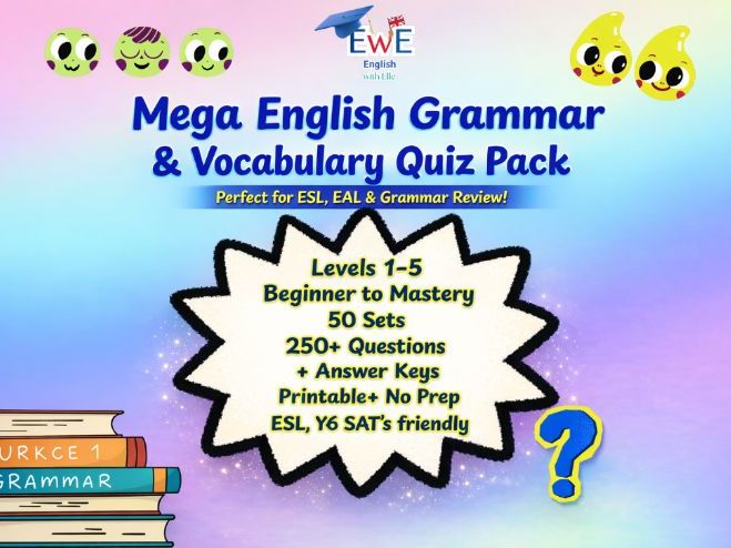 Mega English Grammar & Vocabulary Quiz Pack | Levels 1–5 | 250+ Questions + Answer Keys