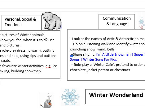 Winter Wonderland topic web to support families