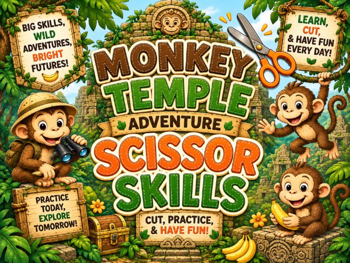 Monkey Temple Scissor Skills Worksheets | Cutting Practice & Fine Motor Activities | Preschool–1st