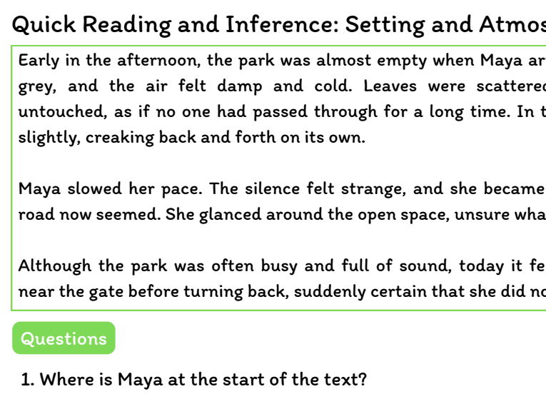Quick Reading and Inference Comprehension – Setting and Atmosphere
