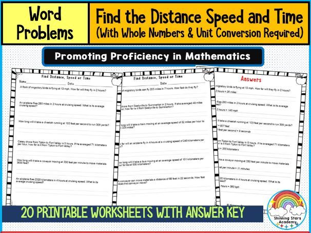 Find Distance, Time, or Speed in Each Problem with Whole Numbers and Unit Conversion – Worksheets &