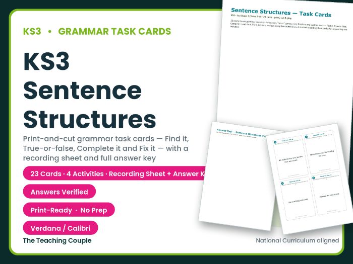 KS3 Sentence Structures Task Cards – 23 Grammar Cards + Answer Key