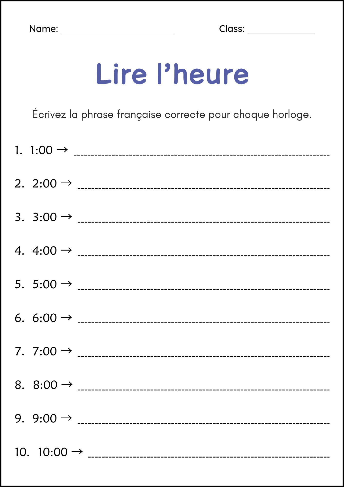 How to Tell Time Practice Activities Worksheets in French - Comment ...