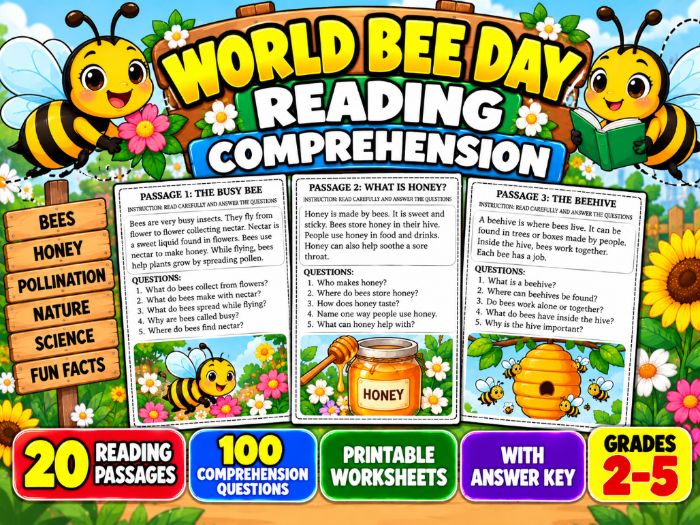 World Bee Day Reading Comprehension | 20 Passages with Answer Key