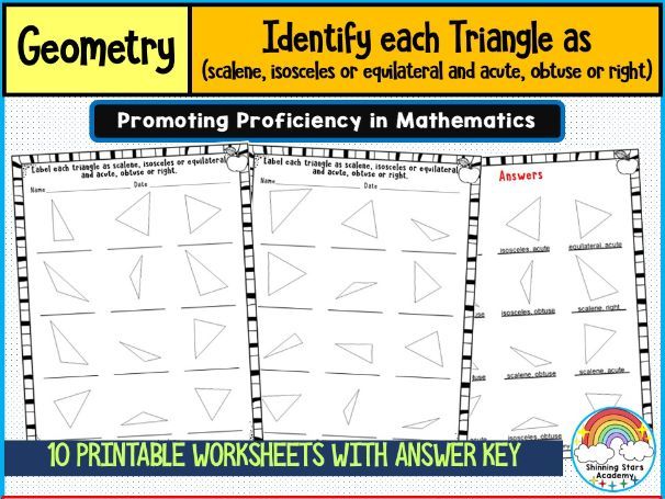 Identify Each Triangle (Scalene, Isosceles, or Equilateral and Acute, Obtuse, or Right) Worksheets |