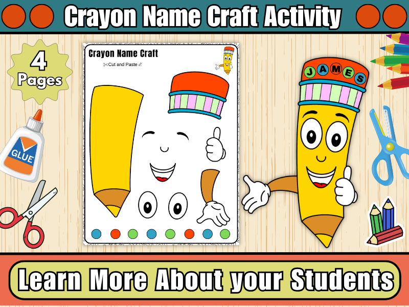 Crayon Name Craft Activity-Back to School Bulletin Board-Cut and Paste Activity